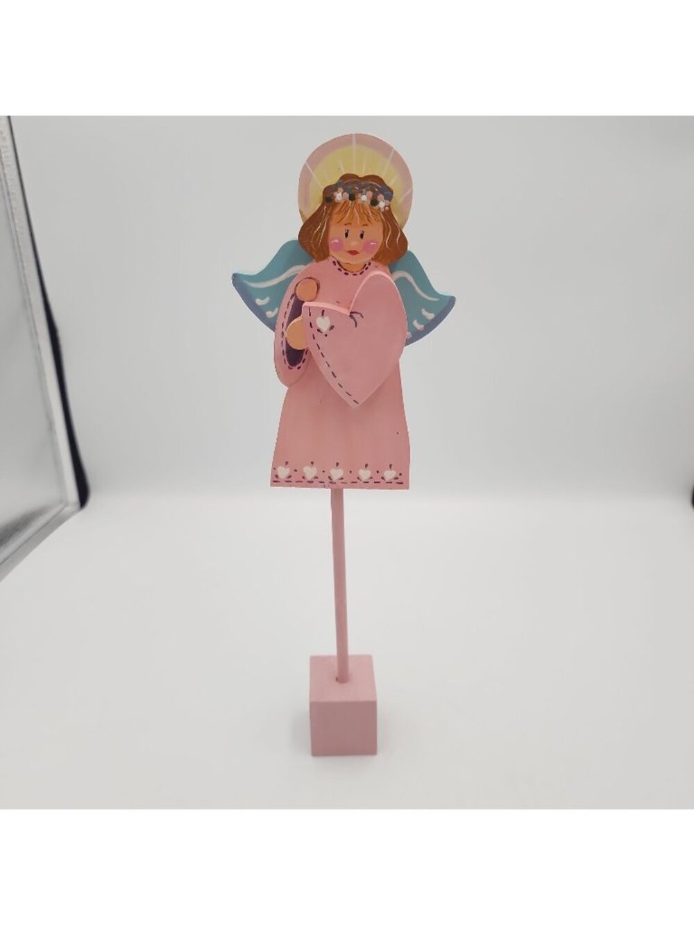 Vintage Folk Art Angel On Stand Wooden Granny Kitchen 12" Handmade